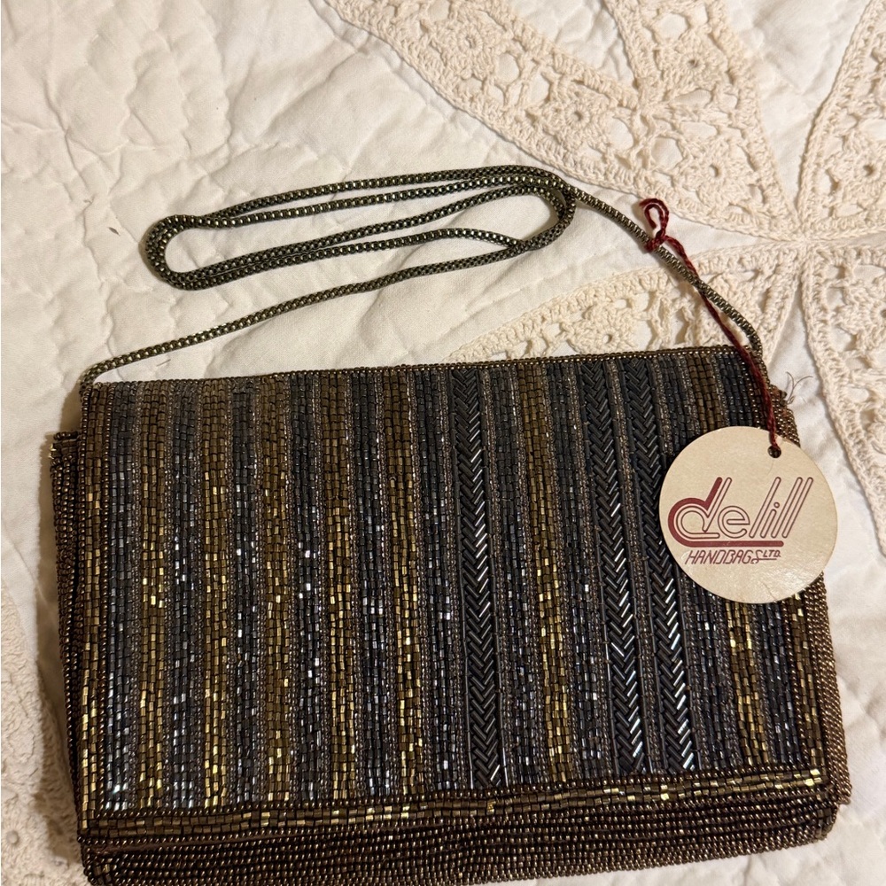 1950’s Vintage Delill beaded evening bag Gold Bronze& Silver Tone Original Tag